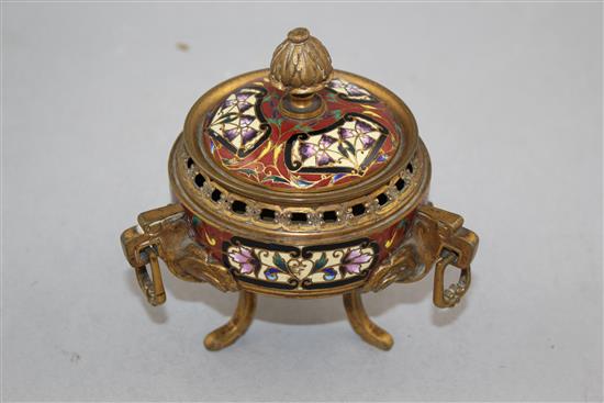 A late 19th / early 20th century French champleve and ormolu vase and cover, 4.5in.